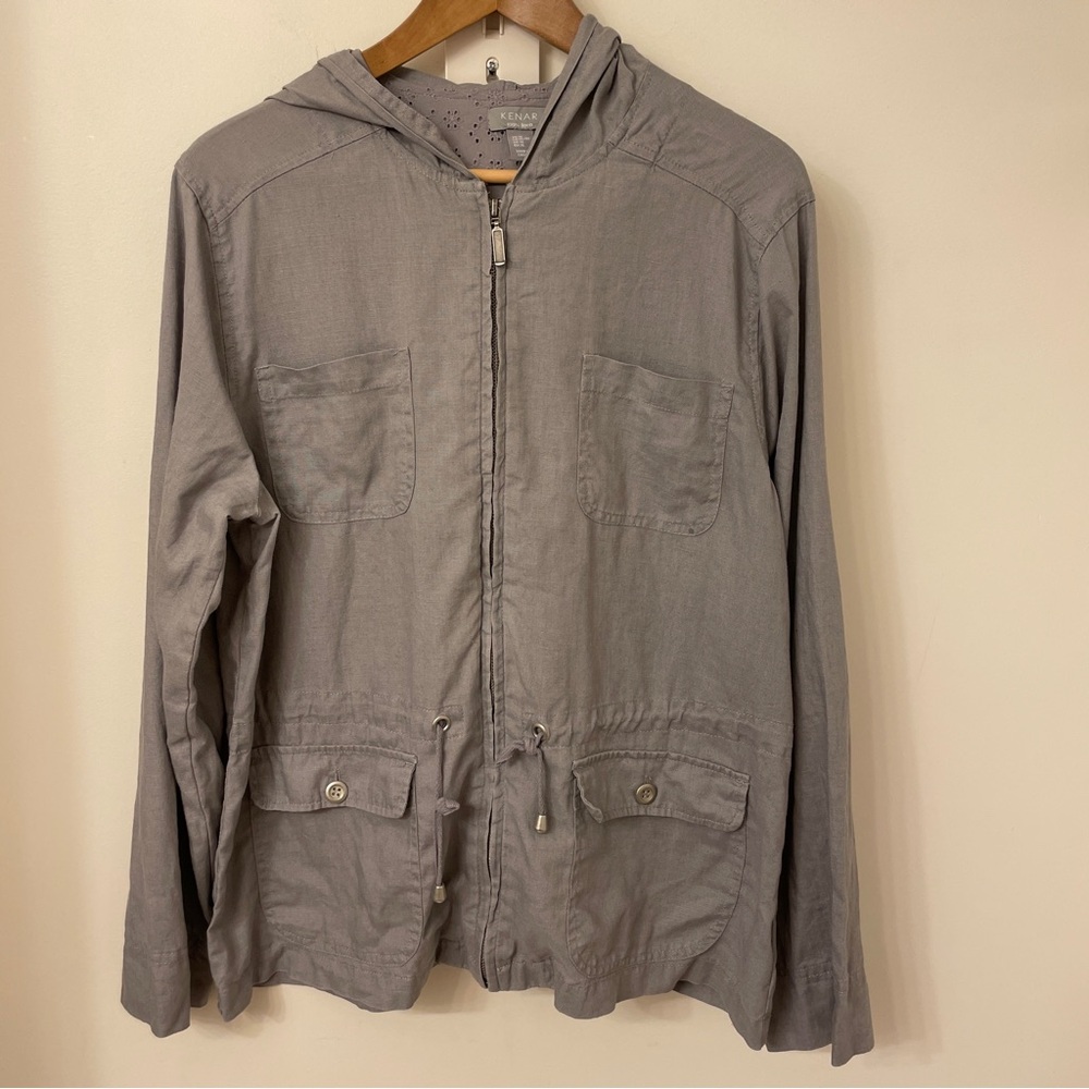 Kenar Jacket Womens Size XL Gray 100% Linen Lightweight Hooded Zip Front   59478